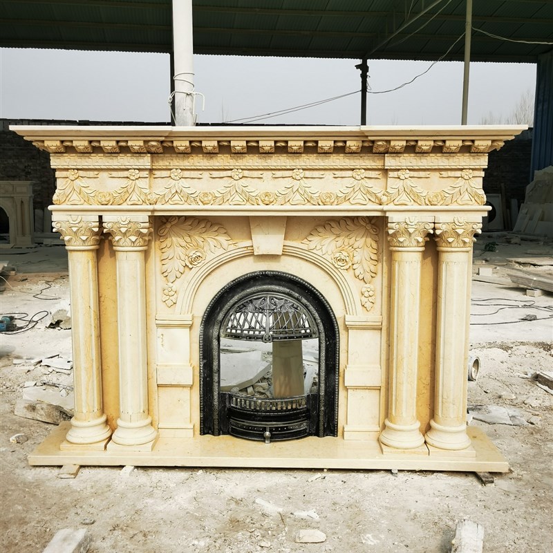 埃及米黄法式欧式大理石双罗马柱天然大理石石材壁炉架定制