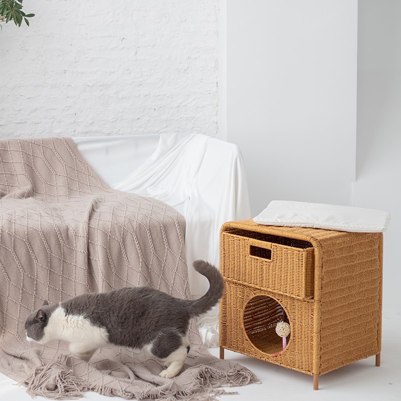 藤编猫窝四季通用夏天半封闭双层猫屋可拆洗床头柜设计半封闭房子