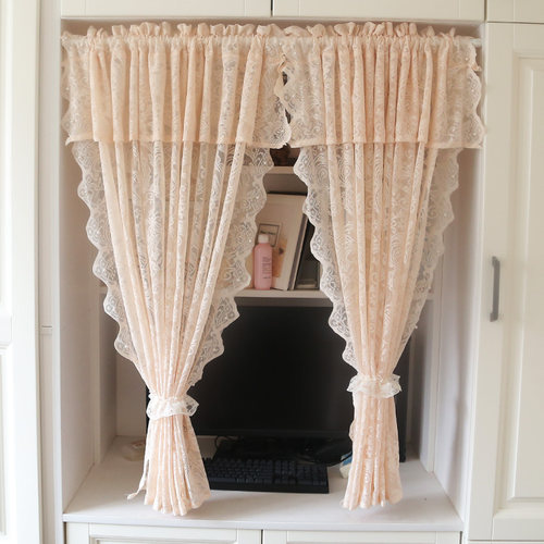 轻奢法式奶咖蕾丝纱帘门帘飘窗阳台免打孔魔术贴隔断复古钉珠帘