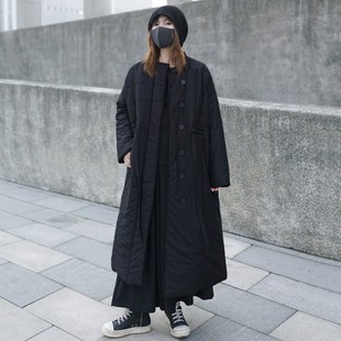 暗黑系酷飒山本风过膝长款棉服黑色复古夹棉外套冬季女装棉衣大衣