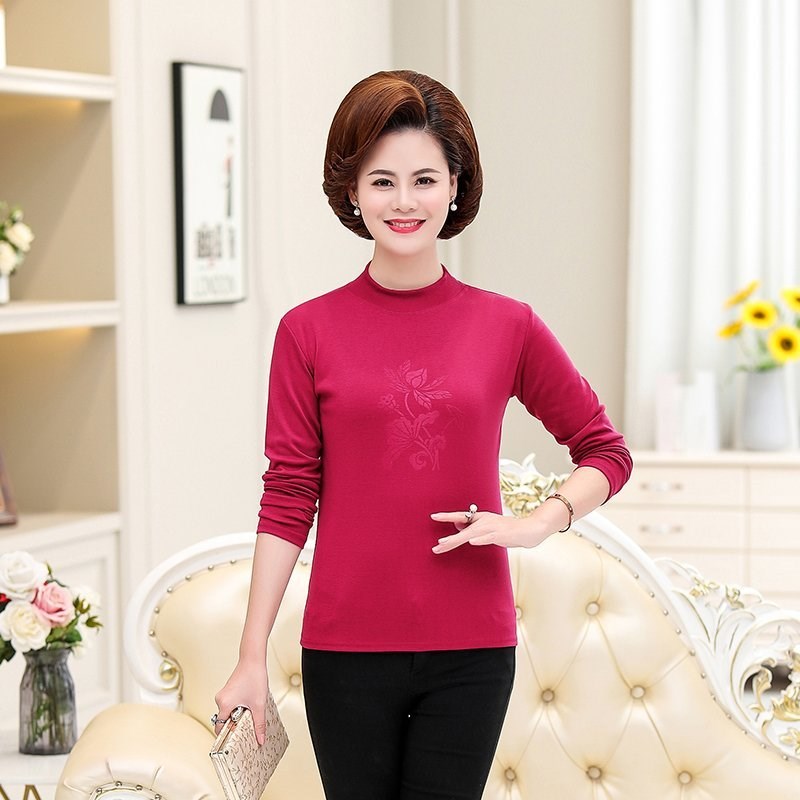 长袖t恤女纯棉中老年女装妈妈秋装中领上衣弹力打底衫女内搭秋衣