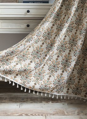 提花梅花复古窗帘绿色花朵提花流苏窗帘穿杆免孔厨房帘飘窗半遮光