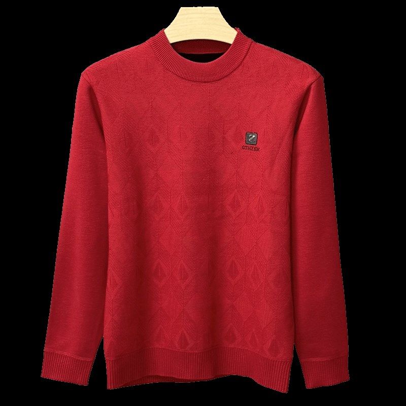 本命年红色毛衣男士加绒加厚圆领保暖针织衫冬季爸爸装套头打底衫