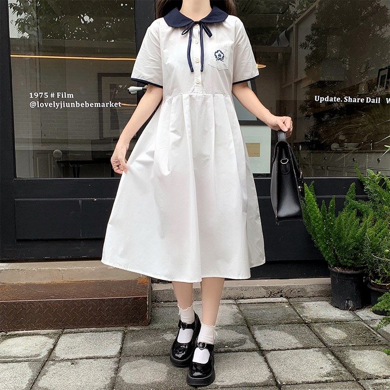 初中女生夏季学院风连衣裙洋气休闲高中学生时尚小清新甜美过膝裙,女装/女士精品,连衣裙,淘宝优惠券,粉丝福利购,淘宝优惠卷