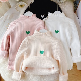 女童一体绒毛衣2023新款儿童毛衣木耳边半高领加绒加厚爱心毛线衣