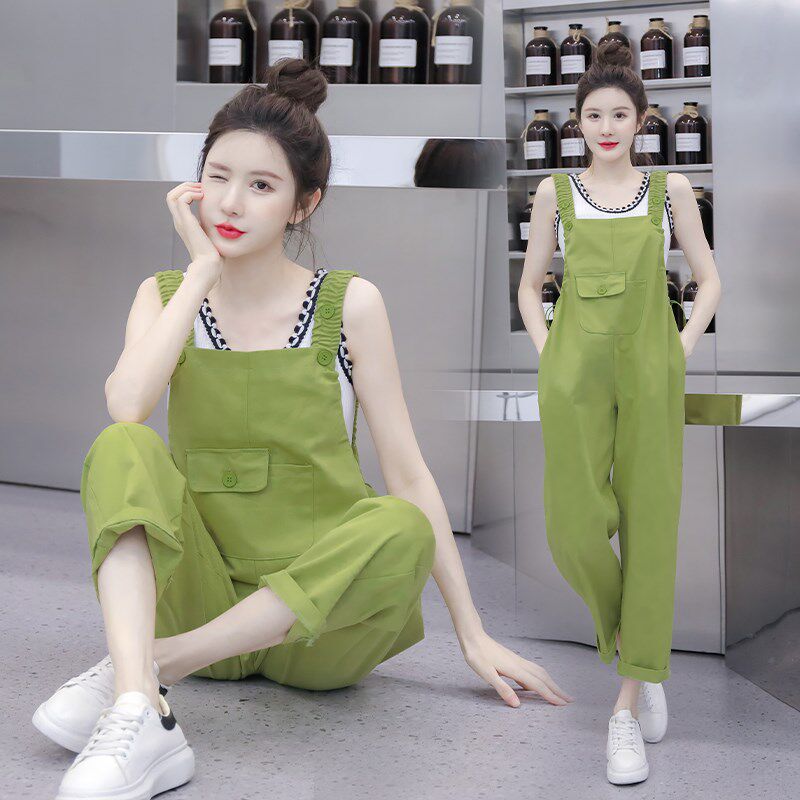 花朵衬衣背带裤套装少女夏季新款初高中学生收腰显瘦连体裤两件套