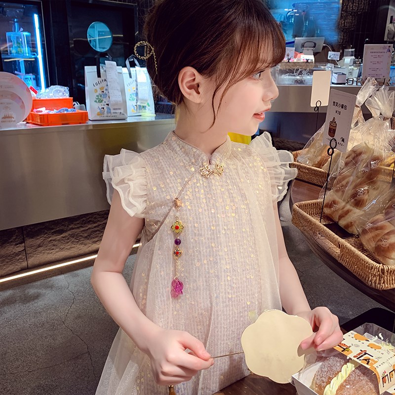 女童旗袍裙夏装2024新款洋气儿童国风网纱公主裙小女孩网红背心裙