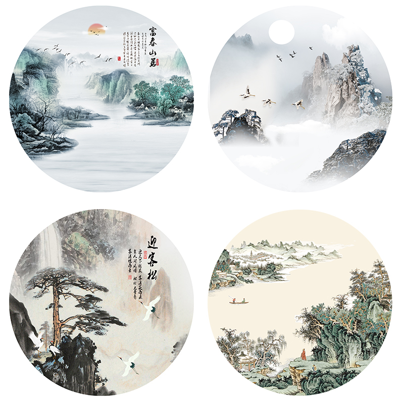 中式圆形水墨山水风景挂画富春山居迎客松客厅书房墙画背胶布画