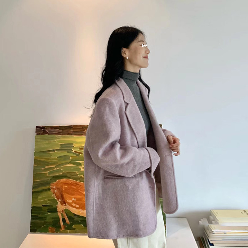 高级感紫色呢子大衣女秋冬装新款小个子法式气质宽松毛呢西装外套