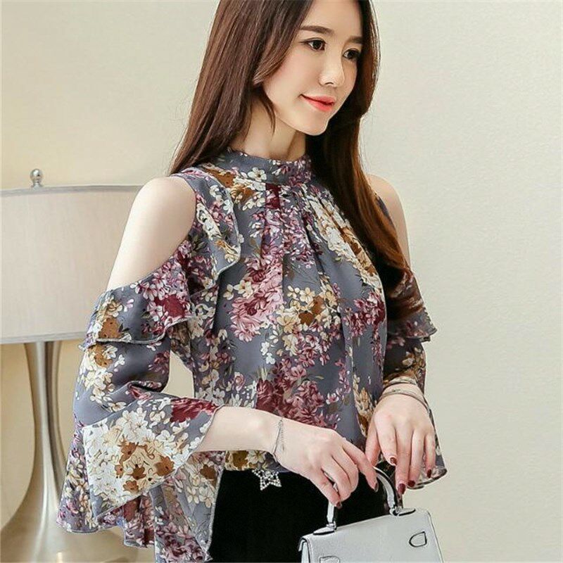 雪纺衫碎花露肩上衣2024夏季新款时尚宽松短袖喇叭袖遮肚小衫