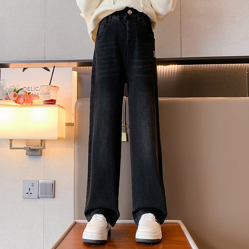 女童加绒裤子秋冬款2023新款冬装大童黑色直筒阔腿儿童冬季牛仔裤