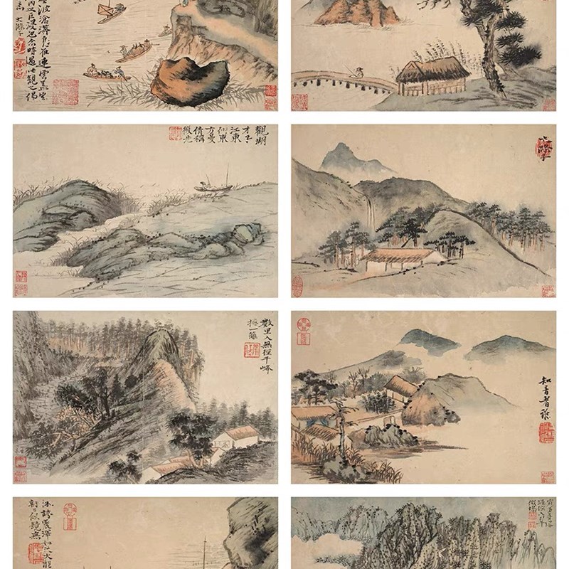 清 石涛《山水8册》大涤子国画山水宣纸绢布高清微喷复制装饰画