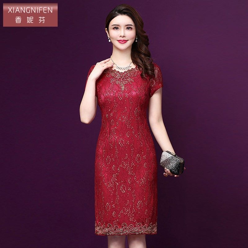 香妮芬2025夏季新款中年妈妈蕾丝连衣裙中长款婚庆喜庆旗袍礼服