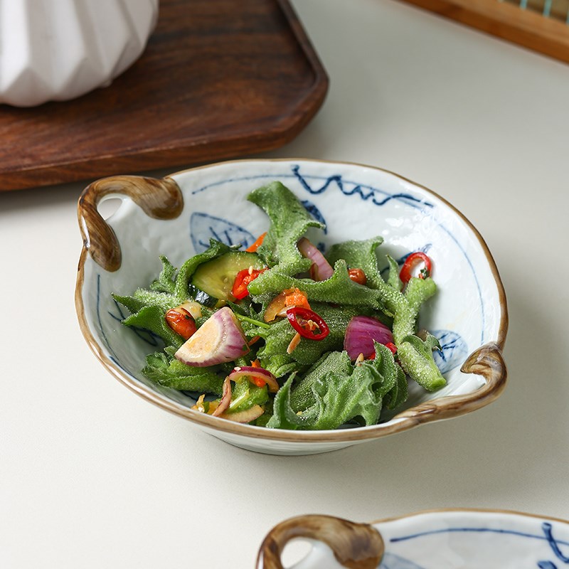 手绘釉下彩双耳盘冷菜碟子凉菜水果点心盘子餐厅商用潮州陶瓷餐具