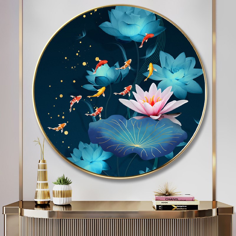 圆形玄关装饰画2023新款锦鲤寓意好走廊挂画客厅过道壁画餐厅鱼画图片