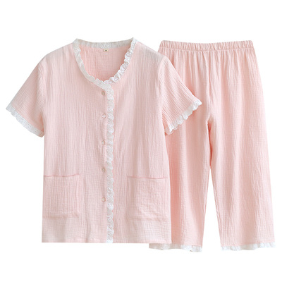短袖七分裤睡衣女夏季薄款纯棉纱布甜美蕾丝五分裤全棉家居服套装