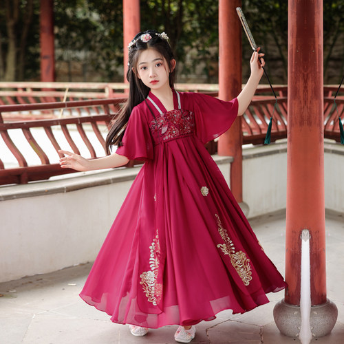 汉服女童古风红色连衣裙夏季2024新款古装儿童唐装夏装女孩公主裙
