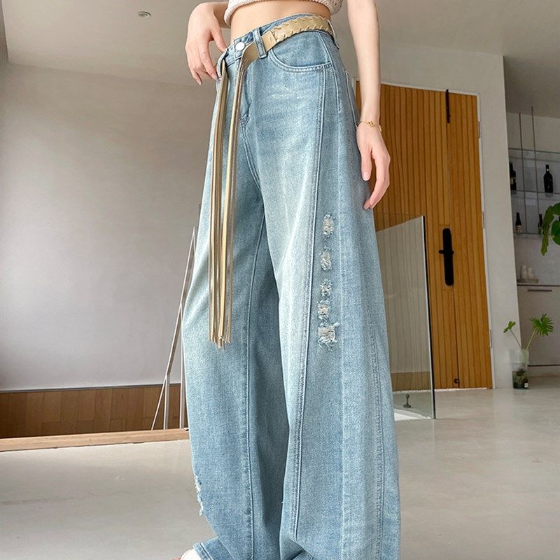 浅蓝色破洞阔腿牛仔裤女2025秋季新款韩系设计感宽松直筒拖地裤子,女装/女士精品,牛仔裤,淘宝优惠券,粉丝福利购,淘宝优惠卷