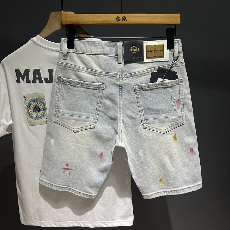 夏季浅色美式潮牌五分牛仔短裤漆涂鸦破洞乞丐修身男潮流5分中裤