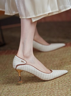 YCF 巨好看!法式气质高跟鞋女2024春秋新款真皮百搭尖头细跟单鞋