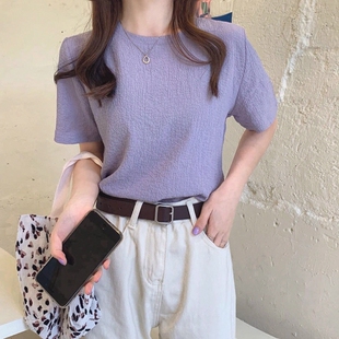 2025夏装宽松遮肉皱褶雪纺小衫基础款学生纯色百搭上衣短袖T恤女