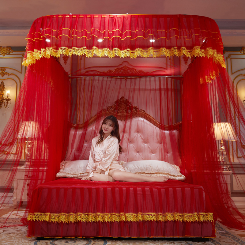 婚庆大红色u型伸缩落地蚊帐家用202C2新款卧室2023年导轨道支架杆