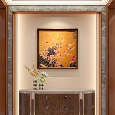 锦鲤荷花九鱼图走廊入户玄关装饰画新中式铜雕画禅意茶室方形挂画