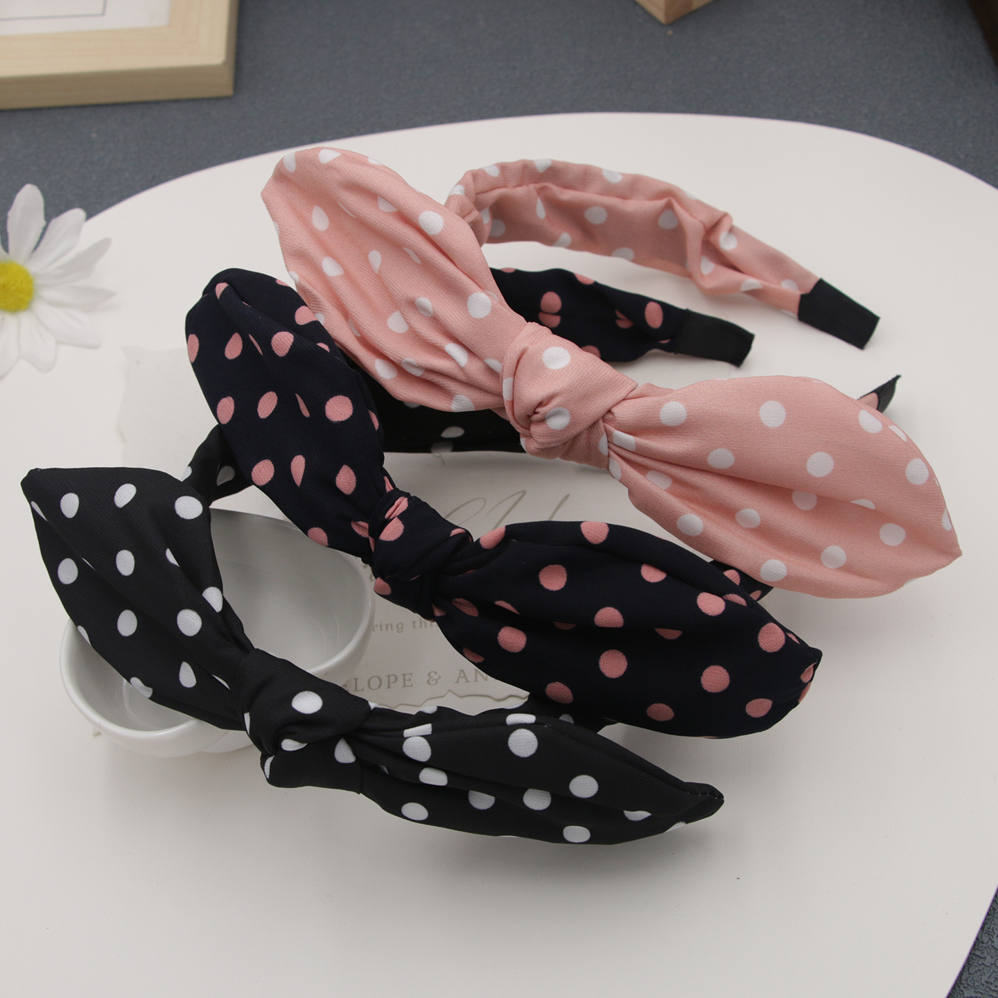 波点布艺兔耳朵发箍蝴蝶结发卡