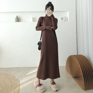 超长款 高领打底内搭脚踝黑色针织连衣裙长裙 毛衣裙过膝女秋冬新款