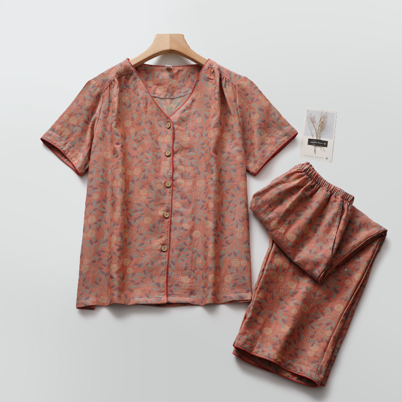 复古国风睡衣女士短袖七分裤纯棉纱鸡心领开衫全棉护膝空调服薄款