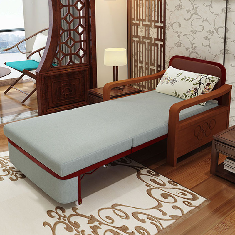 折叠实木沙发床单人宽80cm新中式两用多功能书房可折叠1米伸缩床