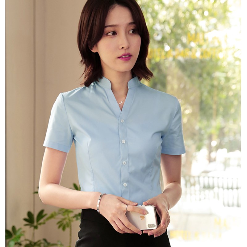 高端款短袖连体衬衫女V立领职业工作装连裤衬衣弹力修身免烫抗皱