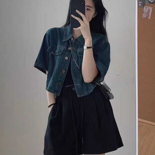 复古短袖牛仔衬衫外套女夏季大码胖mm宽松设计感休闲百搭短款上衣