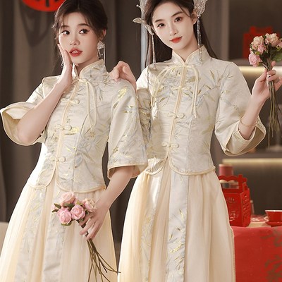中式伴娘礼服女2024新款长袖复古中国风香槟色表演裙平时可穿夏季