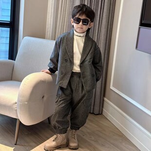 男童休闲套装年货2024冬装新款英伦风儿童西装夹棉中大童两件套潮