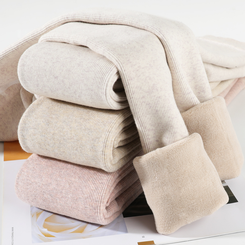 棉羊羔绒打底裤竖条女外穿秋冬季白色保暖加绒螺纹加厚灰色连袜子