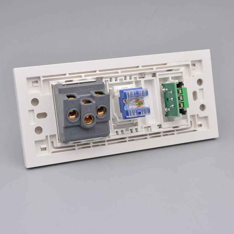 118型三位音频六类网络面板五孔电源插带双莲花头千兆网线口插座