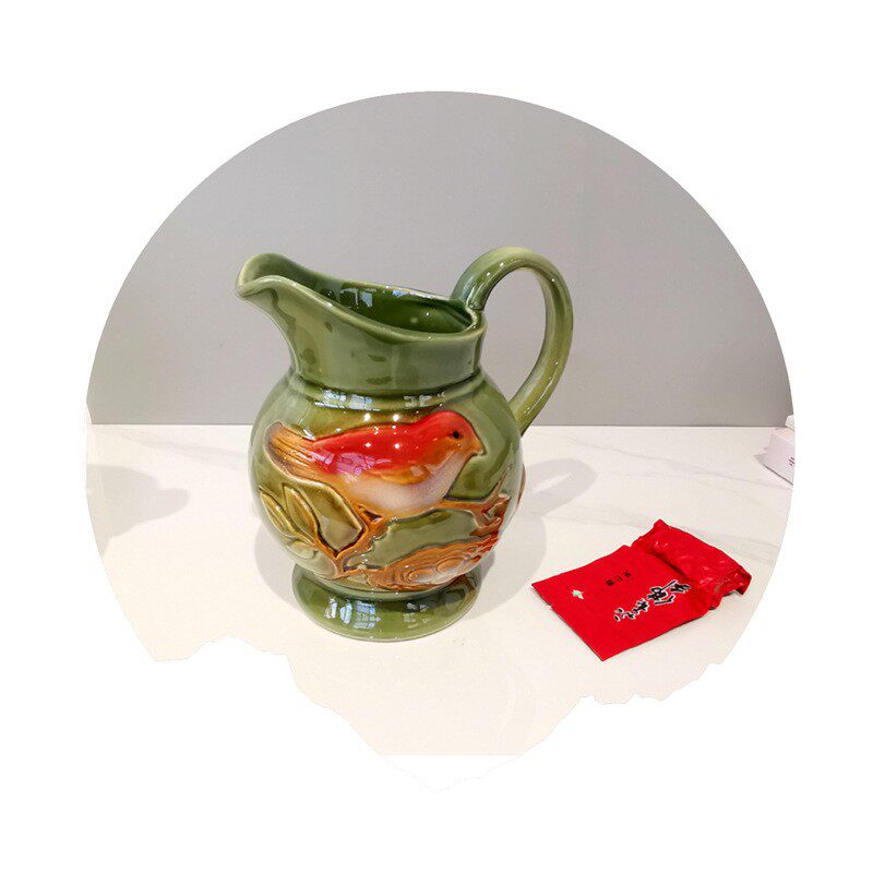 美式乡村田园绿色小鸟釉面花纹工艺陶瓷花瓶单手柄花器摆件感