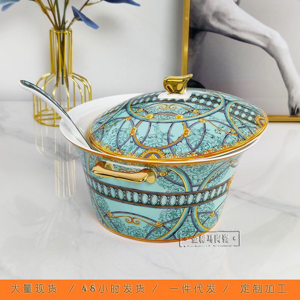 金边带盖2L汤盆汤锅家用双耳大碗骨瓷汤碗煲陶瓷品锅复古宫廷风