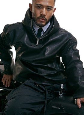 OUTOF - 款号96 立体廓形皮衣套衫美式连帽皮卫衣