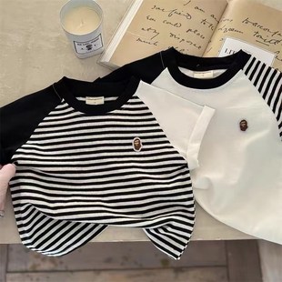 儿童纯棉条纹T恤男童2024新款夏季上衣插肩女童宝宝短袖打底衫潮