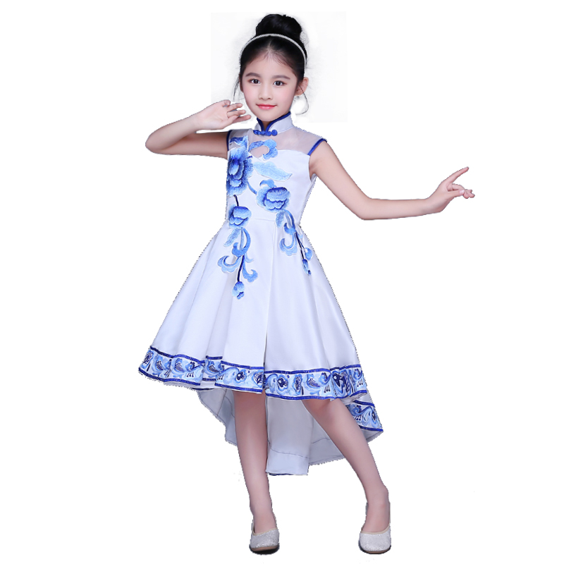 新款儿童合唱演出服比赛服女童旗袍公主裙白色纱裙舞台青花瓷礼服