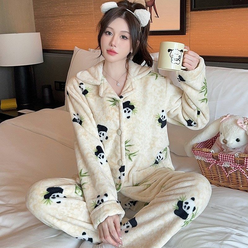 秋冬季加厚珊瑚绒睡衣女士法兰绒家居服套装加绒可爱长袖开衫大码