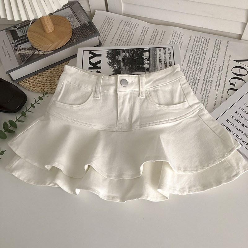 女童白色牛仔半身裙宝宝荷叶边蛋糕裙2024春秋新款儿童松紧腰短裙