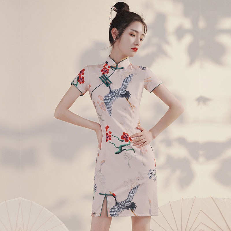 温柔风短袖改良旗袍中国风中式夏季少女盘扣日常款包臀开叉连衣裙