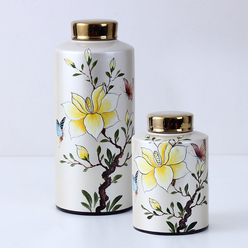 潮州陶瓷新中式轻奢直筒富贵花卉袋盖陶瓷花瓶装饰罐摆件