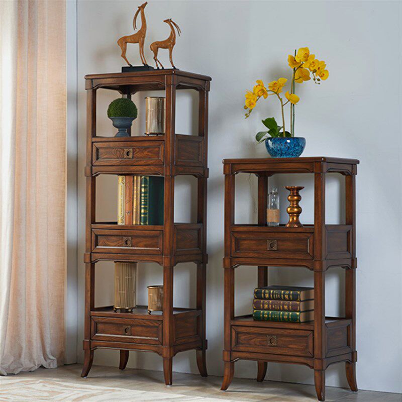 美式实木花架置物架客厅落地多层书架欧式深色卧室房间床头置物架
