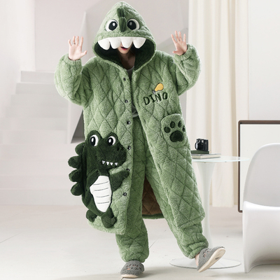 情侣睡衣冬季珊瑚绒加绒加厚三层夹棉男款女睡袍卡通家居服秋冬款