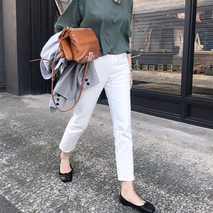 白色加绒牛仔裤子女秋冬新款小个子烟管裤显瘦高腰宽松九分直筒裤