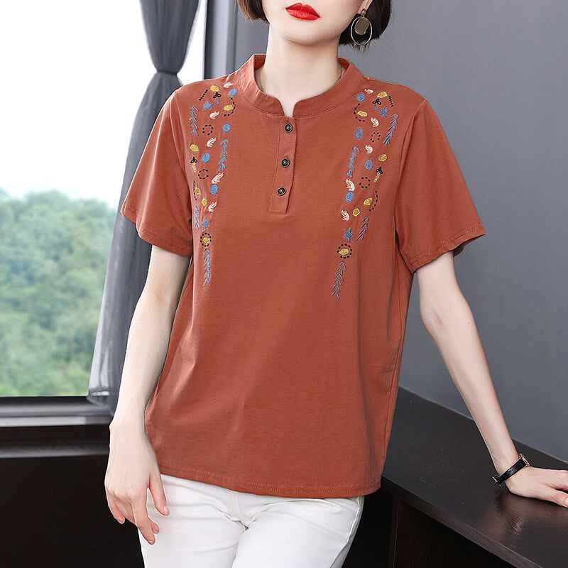 妈妈装纯棉短袖t恤女2024夏装新款中老年宽松大码衬衫洋气上衣服